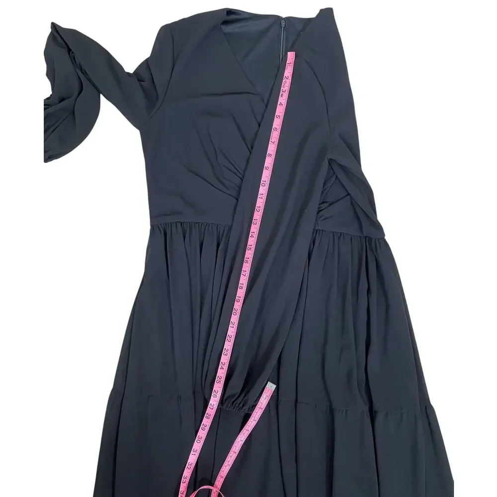 Ieena Mac Duggal Ruched V-Neck Tiered Midi Dress Chiffon Black Sz 14 NWT Chic